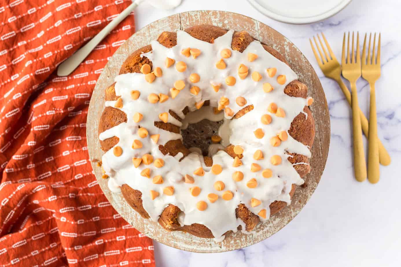 butterscotch bundt cake above shot
