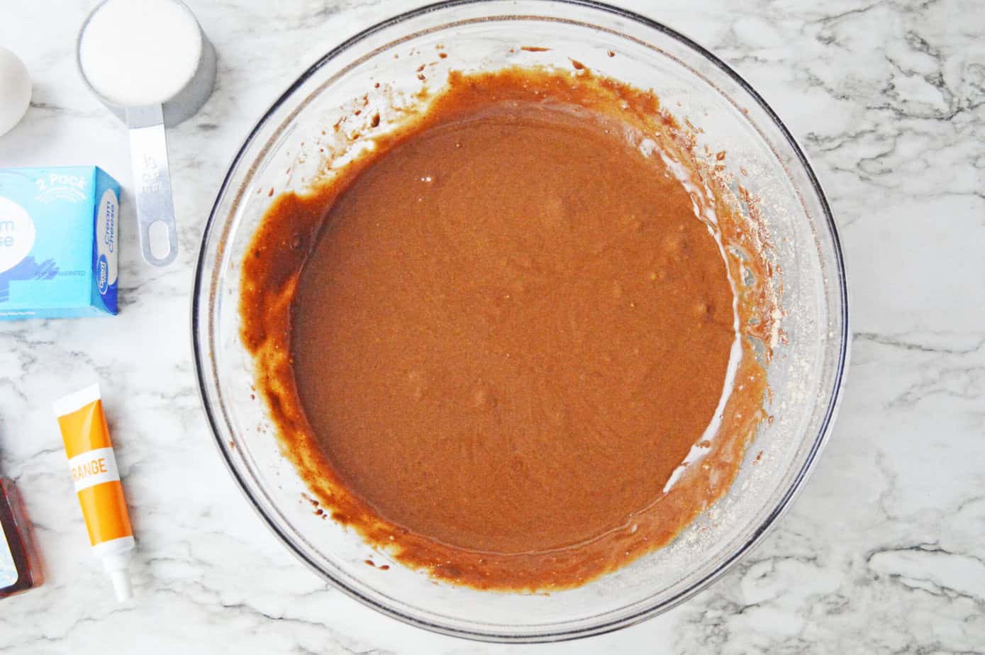 brownie batter in a clear bowl