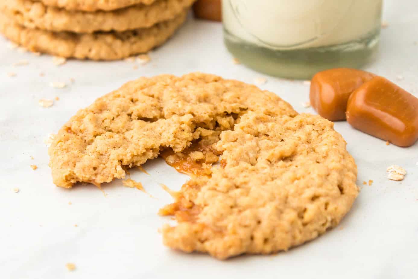 chewy caramel oatmeal cookie with gooey caramel in the middle