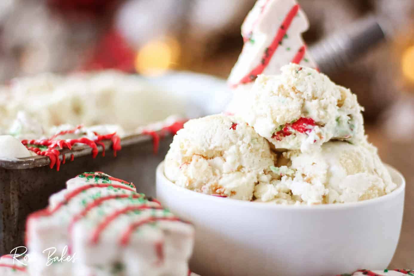Little Debbie Christmas Tree Cake Ice Cream in a bowl