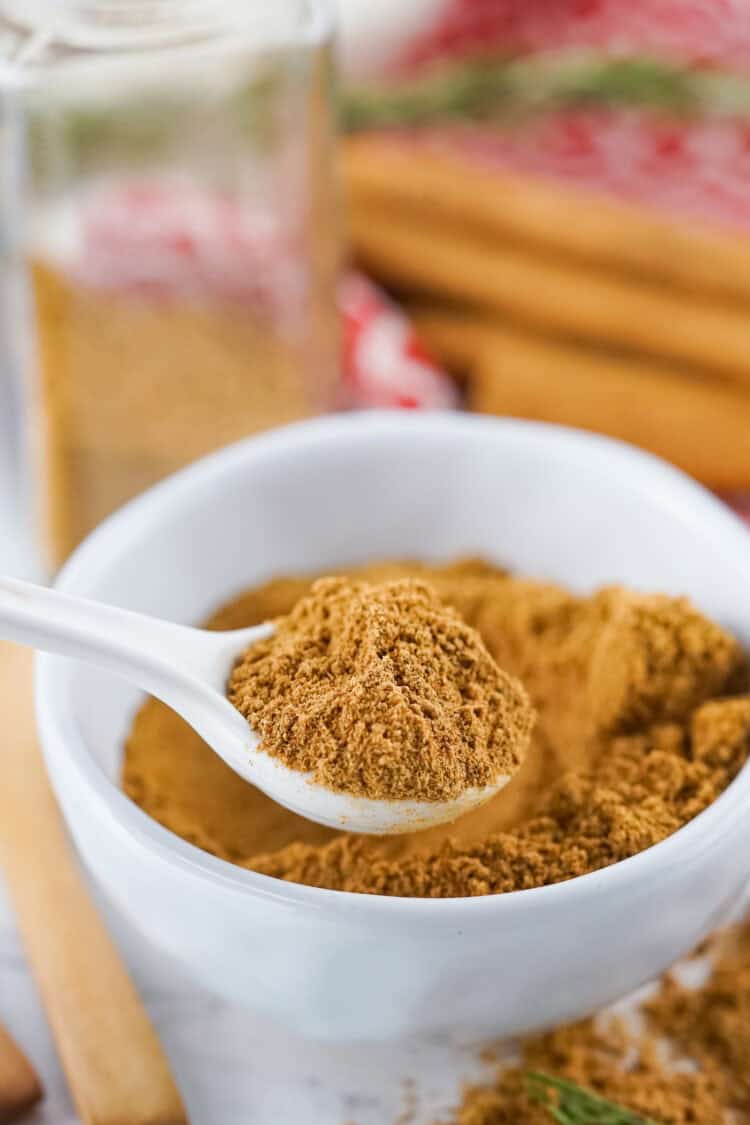 homemade gingerbread spice mix in a bowl with a spoonful over it