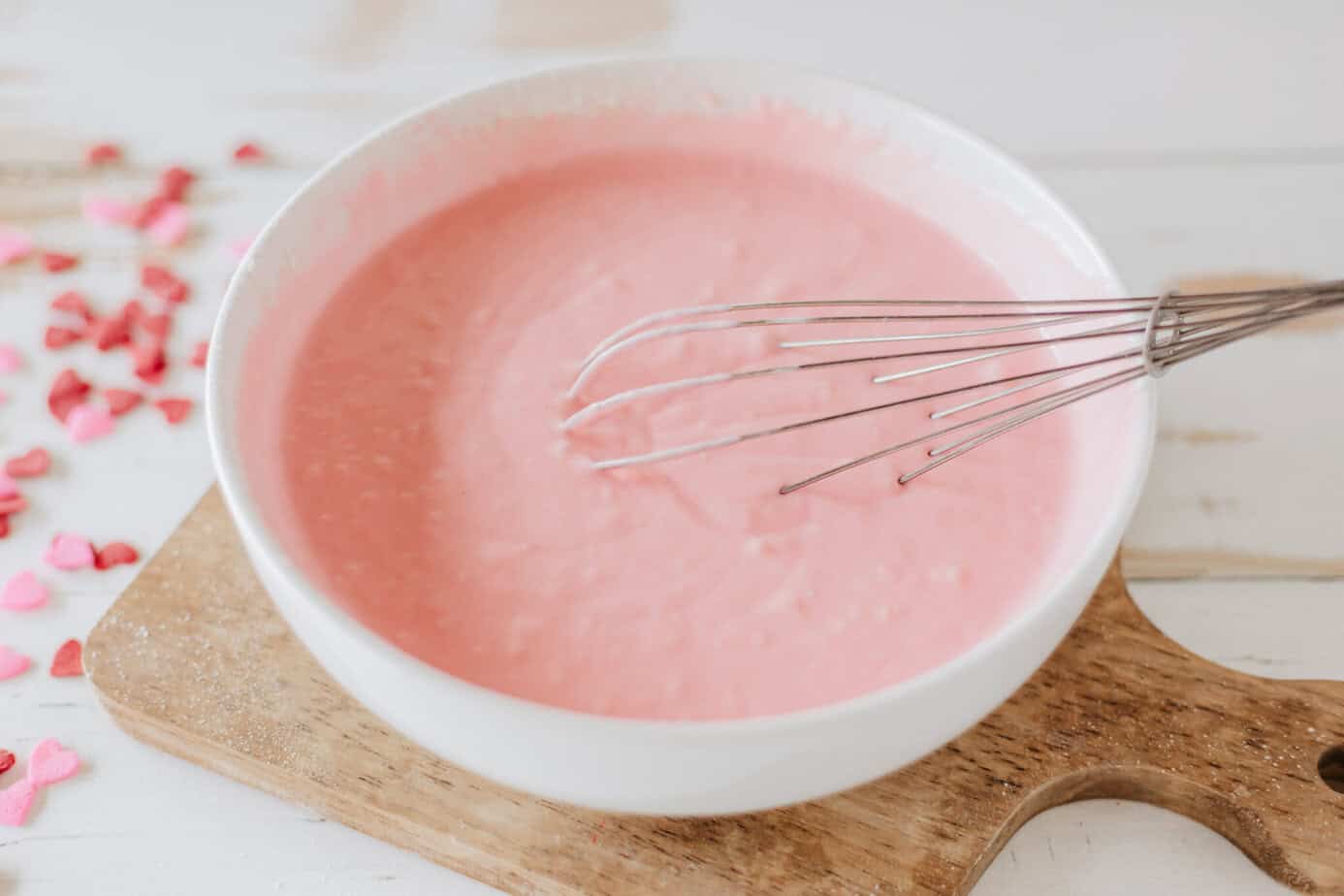 ingredients whisked up to make pink pancake batter