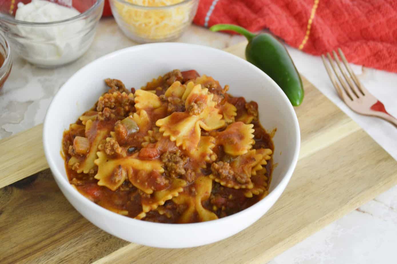 Instant Pot taco Pasta in a white bowl