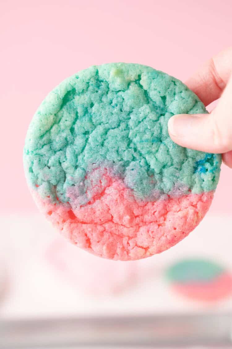 pink and blue cotton candy cookie being held