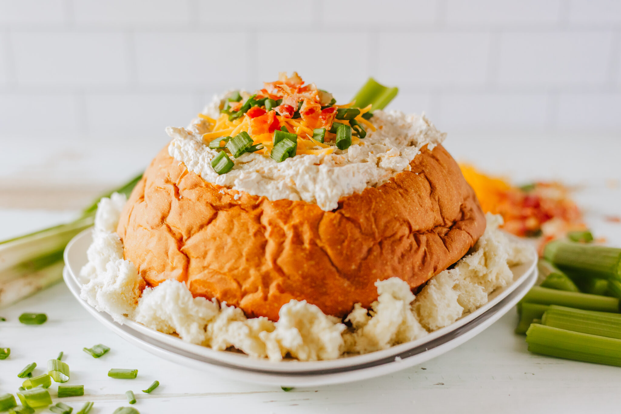 chicken bacon ranch crack dip in a bread bowl