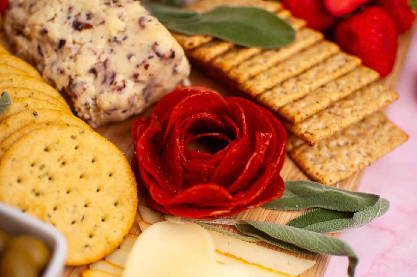 pepperoni rose on a valentines charcuterie board