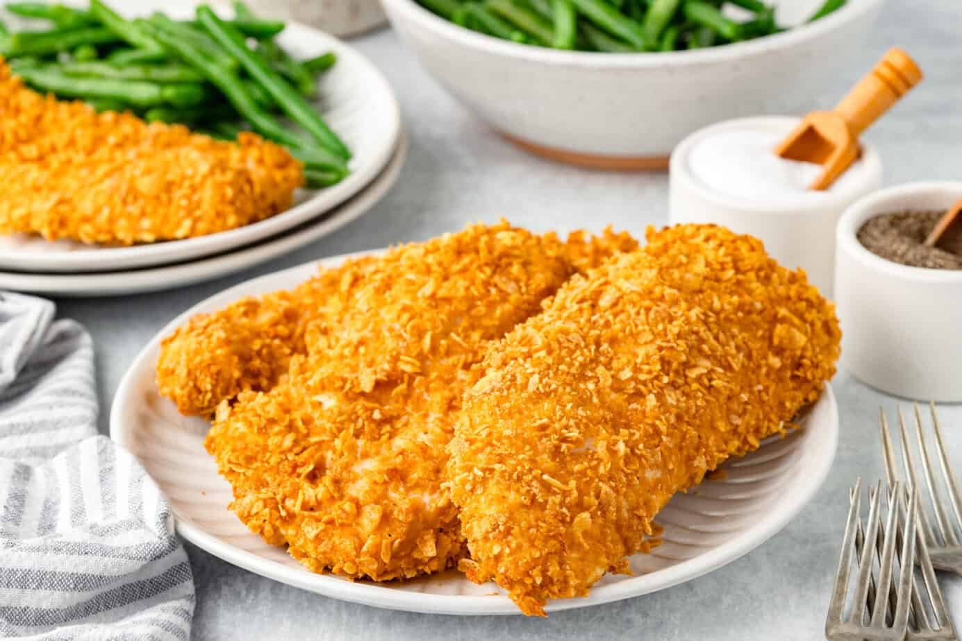 cornflake chicken on a white plate