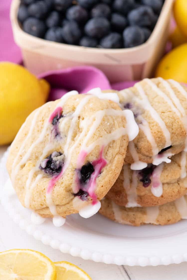 stack of lemon blueberry cookies with glaze