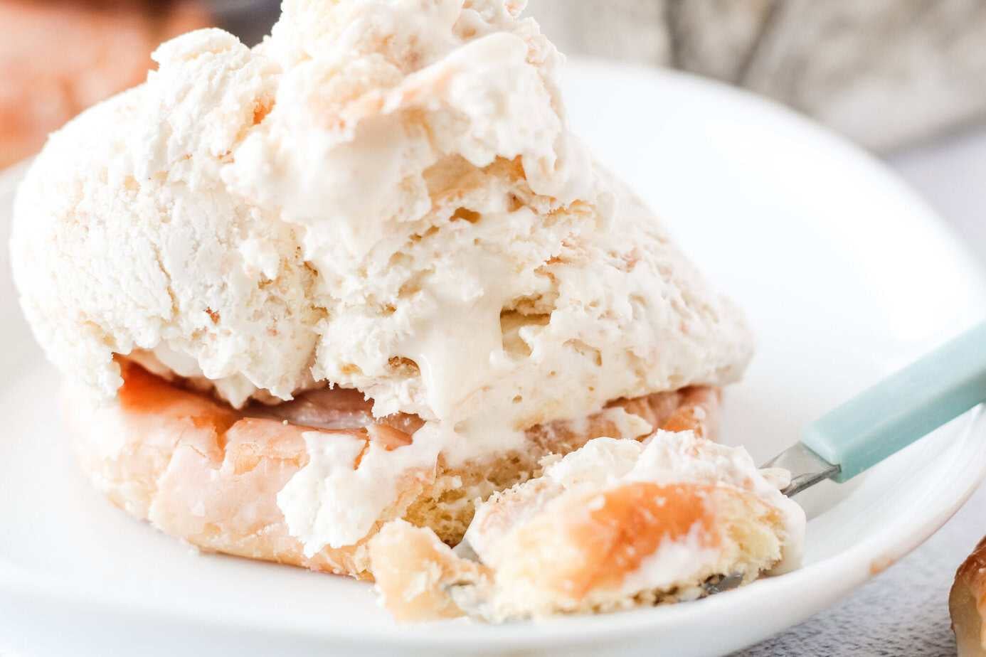 honey bun ice cream on a honey bun with a bite cut out