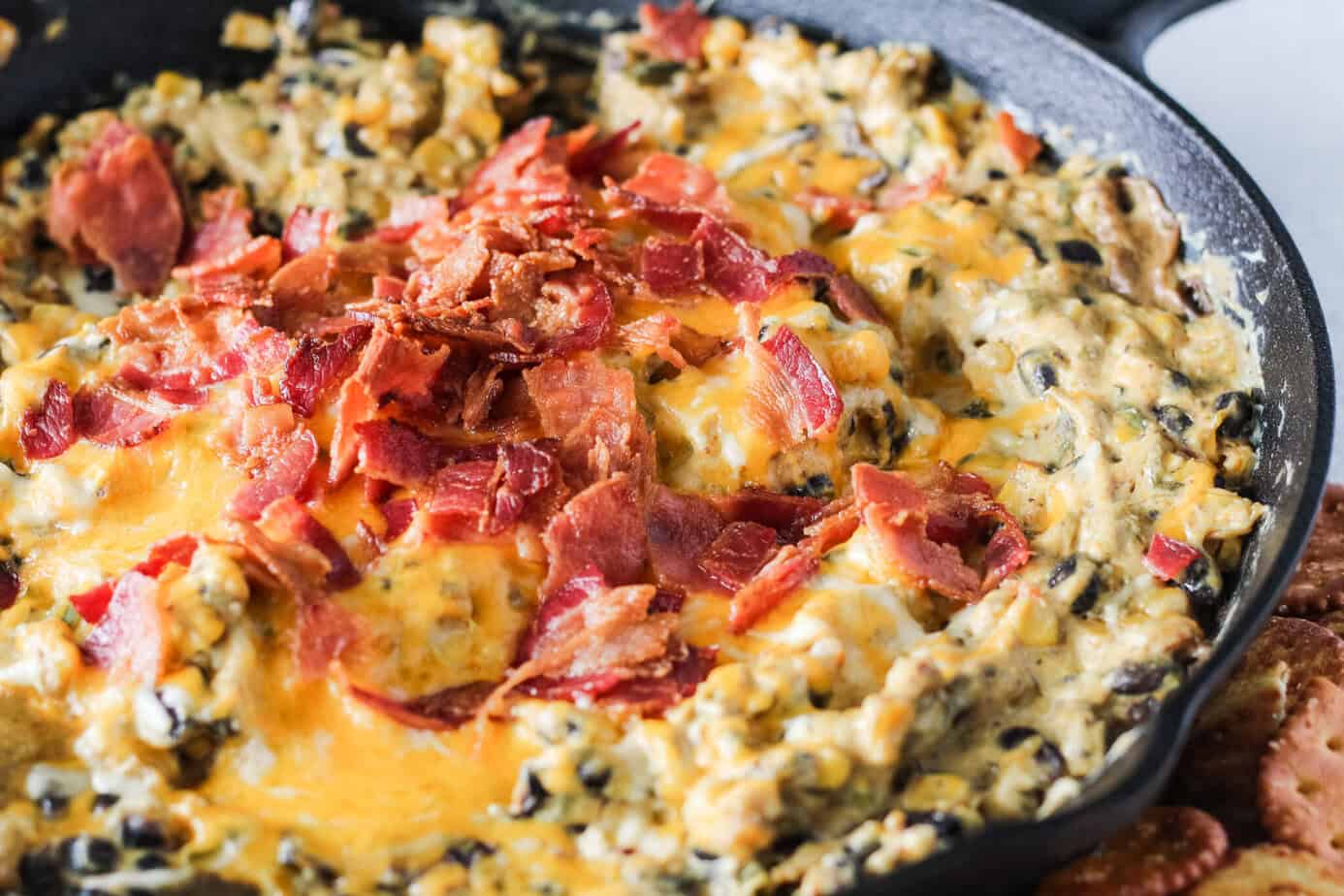 finished, baked, smoked cream cheese dip in a skillet
