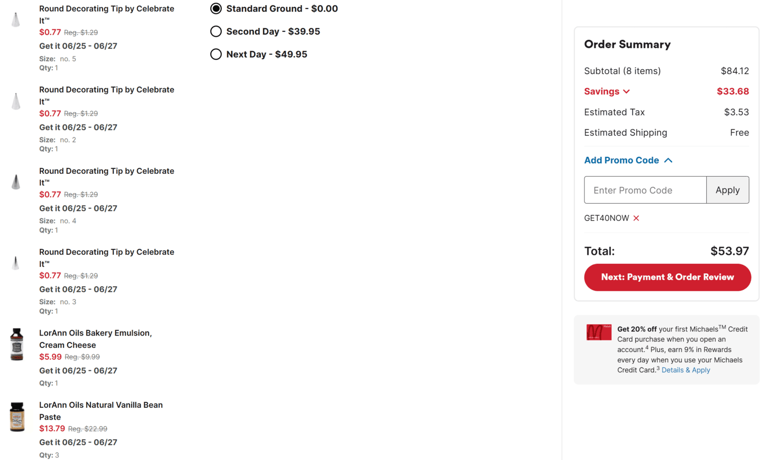screenshot of michaels order