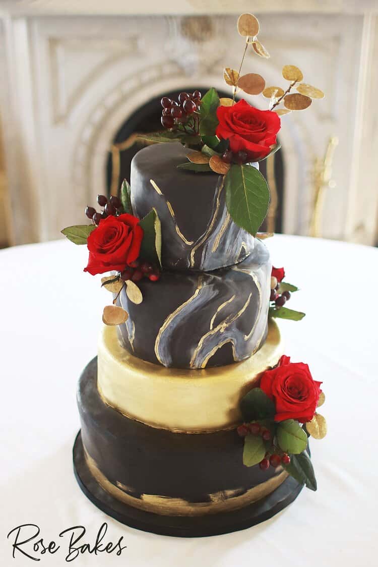 black and gold wedding cake