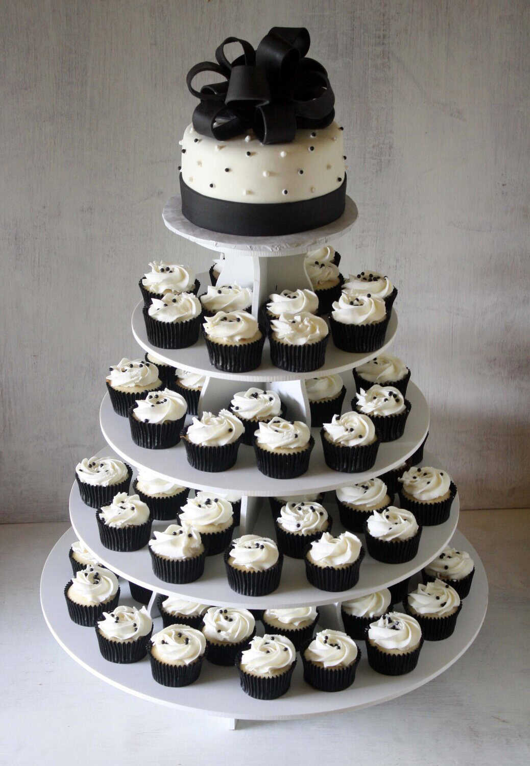 Black and White Wedding Cake and Cupcake Tower