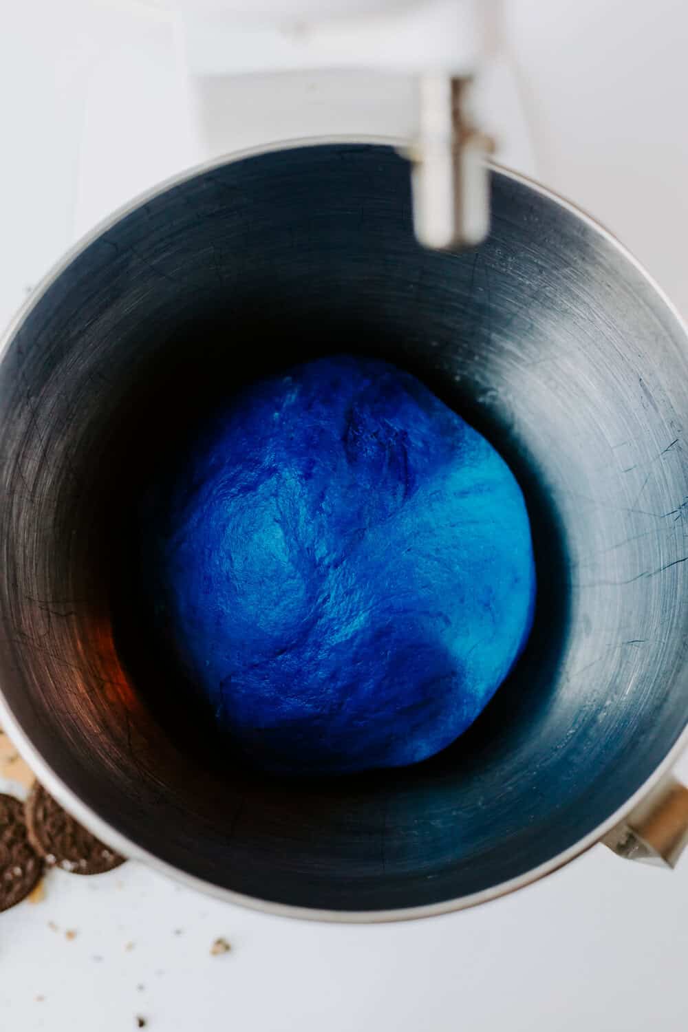 blue ball of cinnamon roll dough