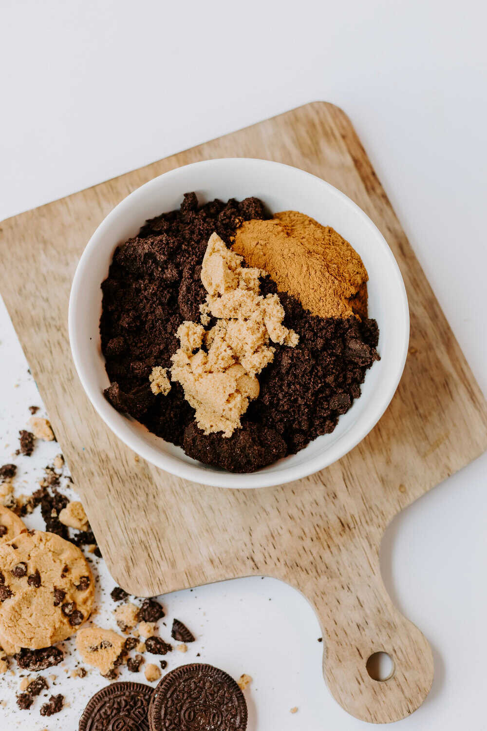 crumbled cookies in a white bowl