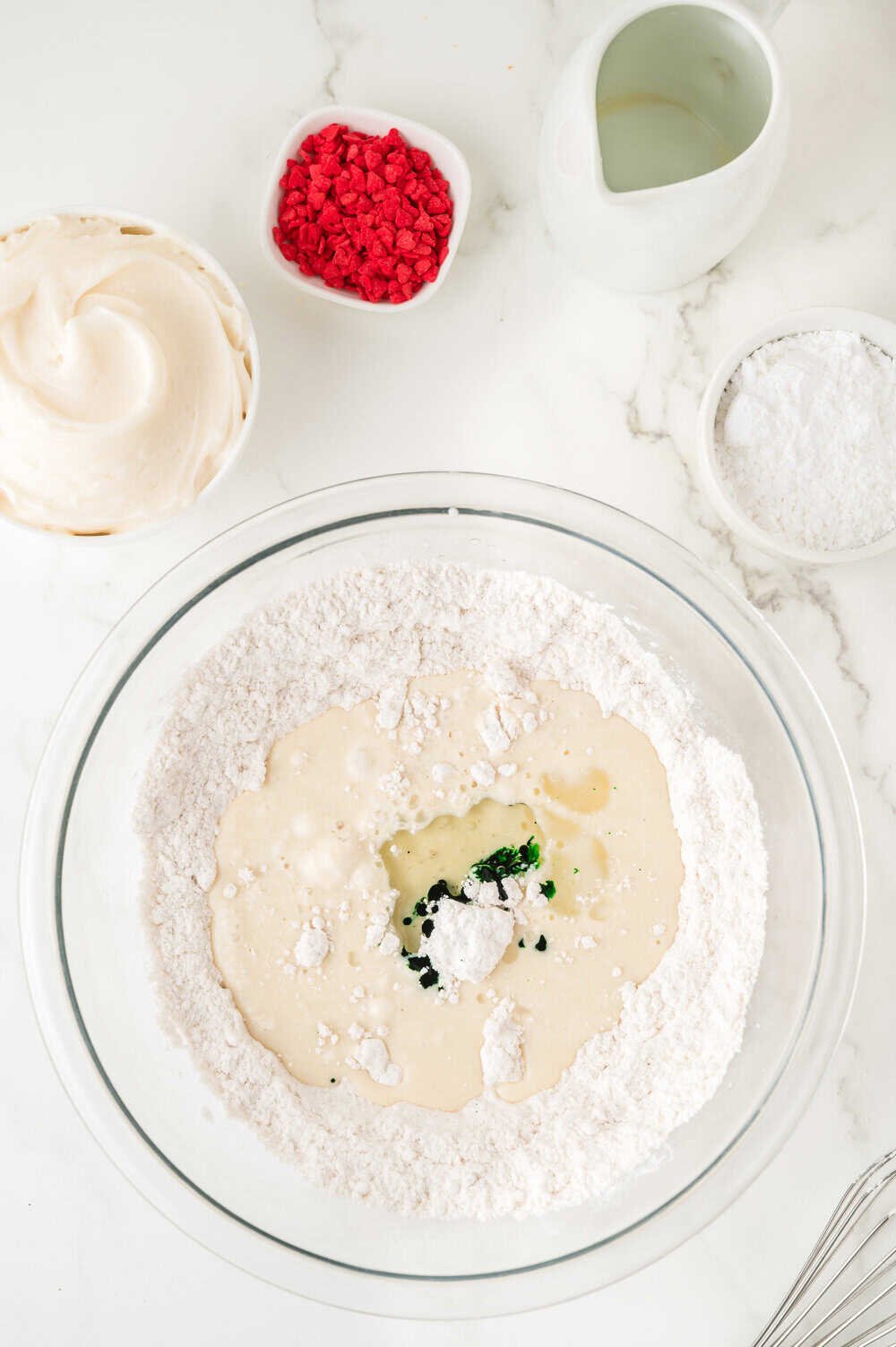 wet ingredients added to the mixing bowl