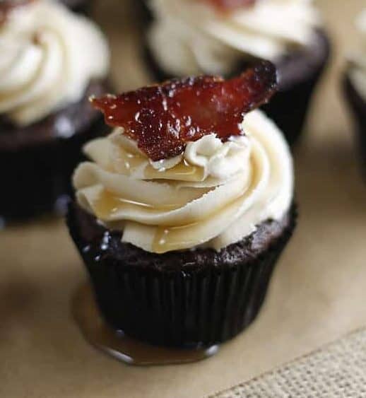chocolate maple bacon cupcakes with brown sugar frosting