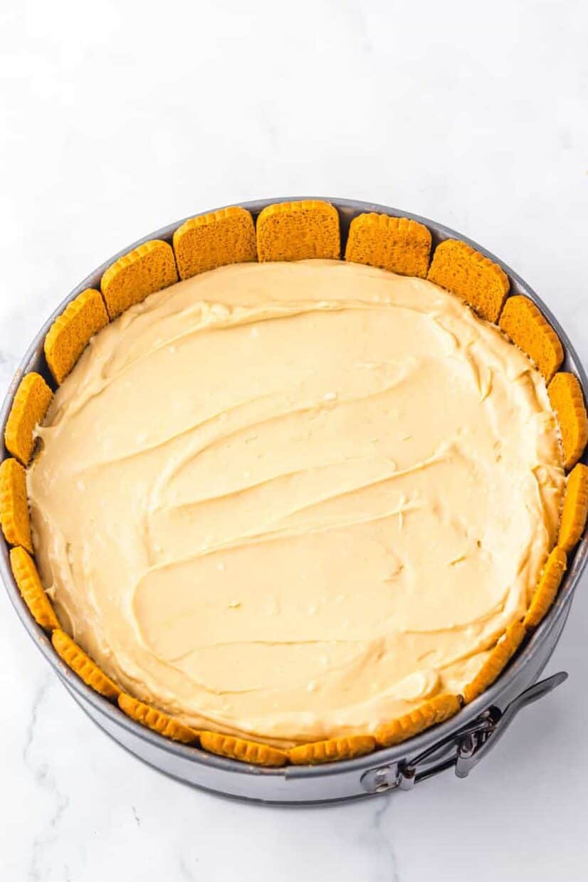 cheesecake batter layered over cookie crust