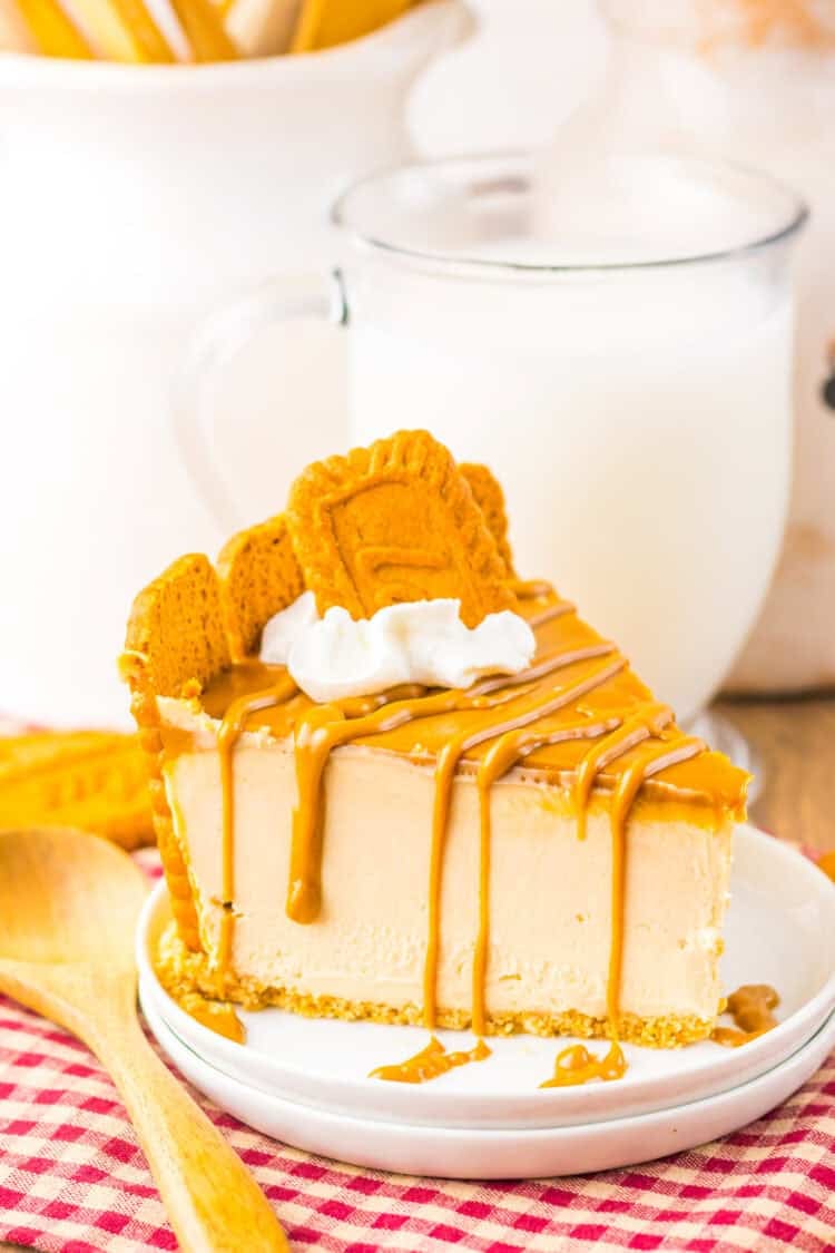 a slice of no-bake cookie butter cheesecake