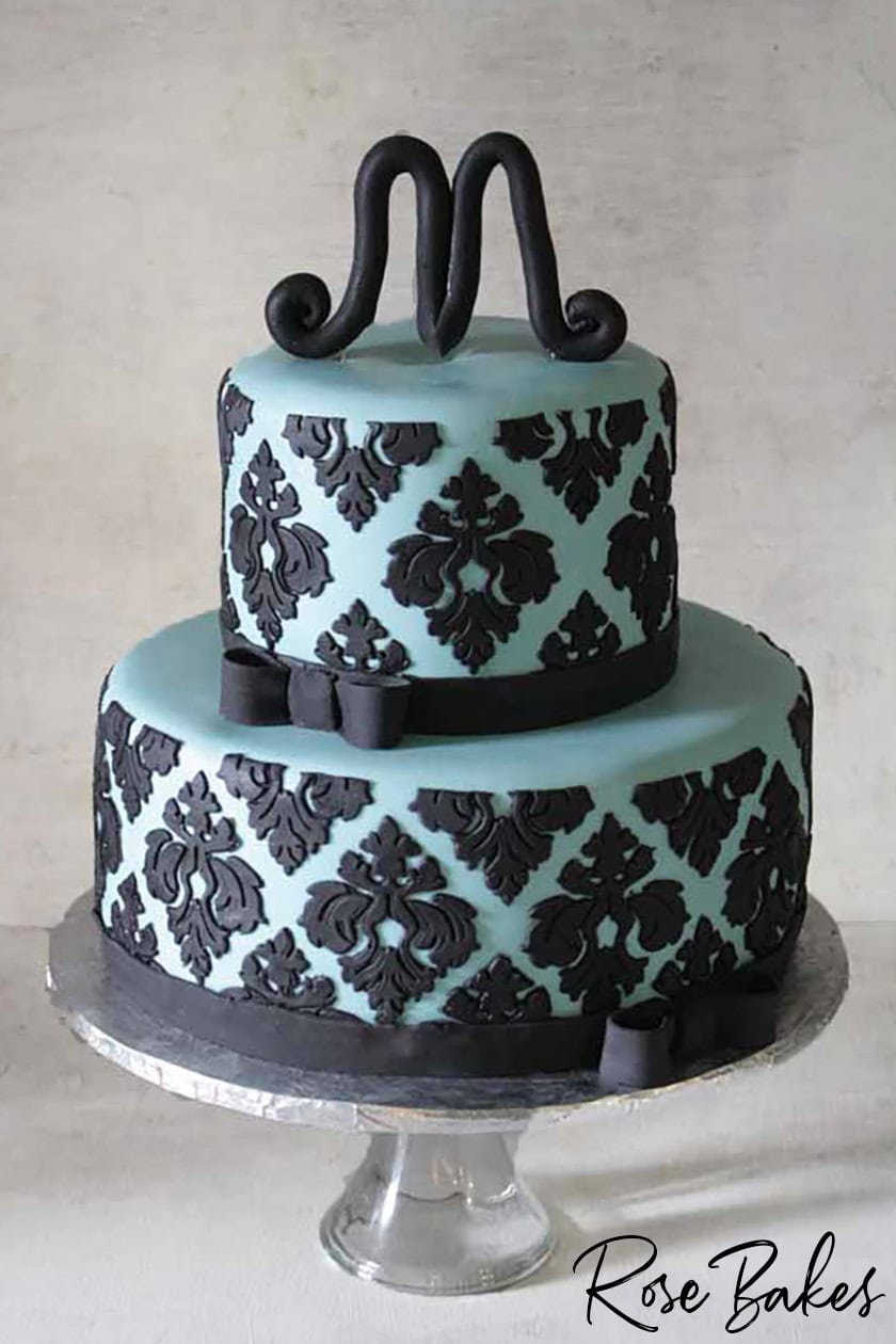 Tiffany Blue with Black Damask Bridal Shower Cake