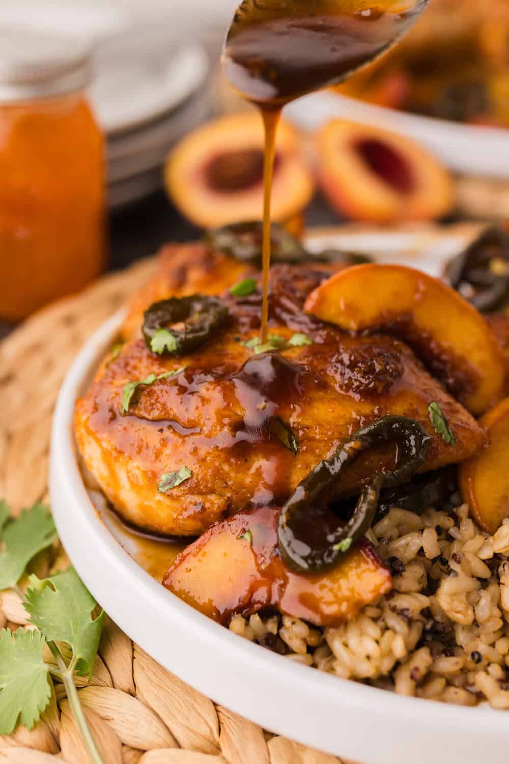 Peach and Jalapeno Chicken with Glaze drizzled over the top