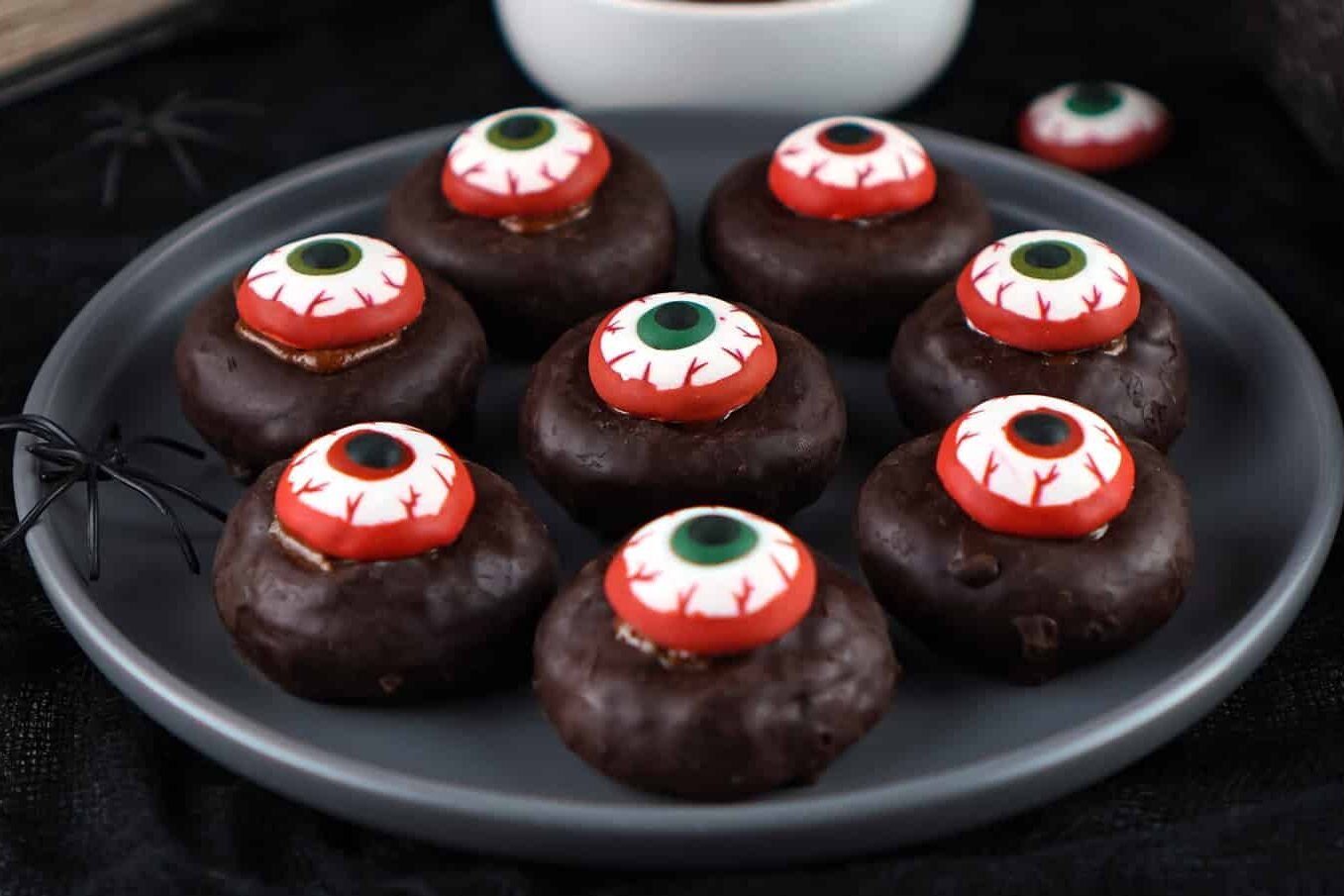 mini eyeball donuts made from chocolate donuts