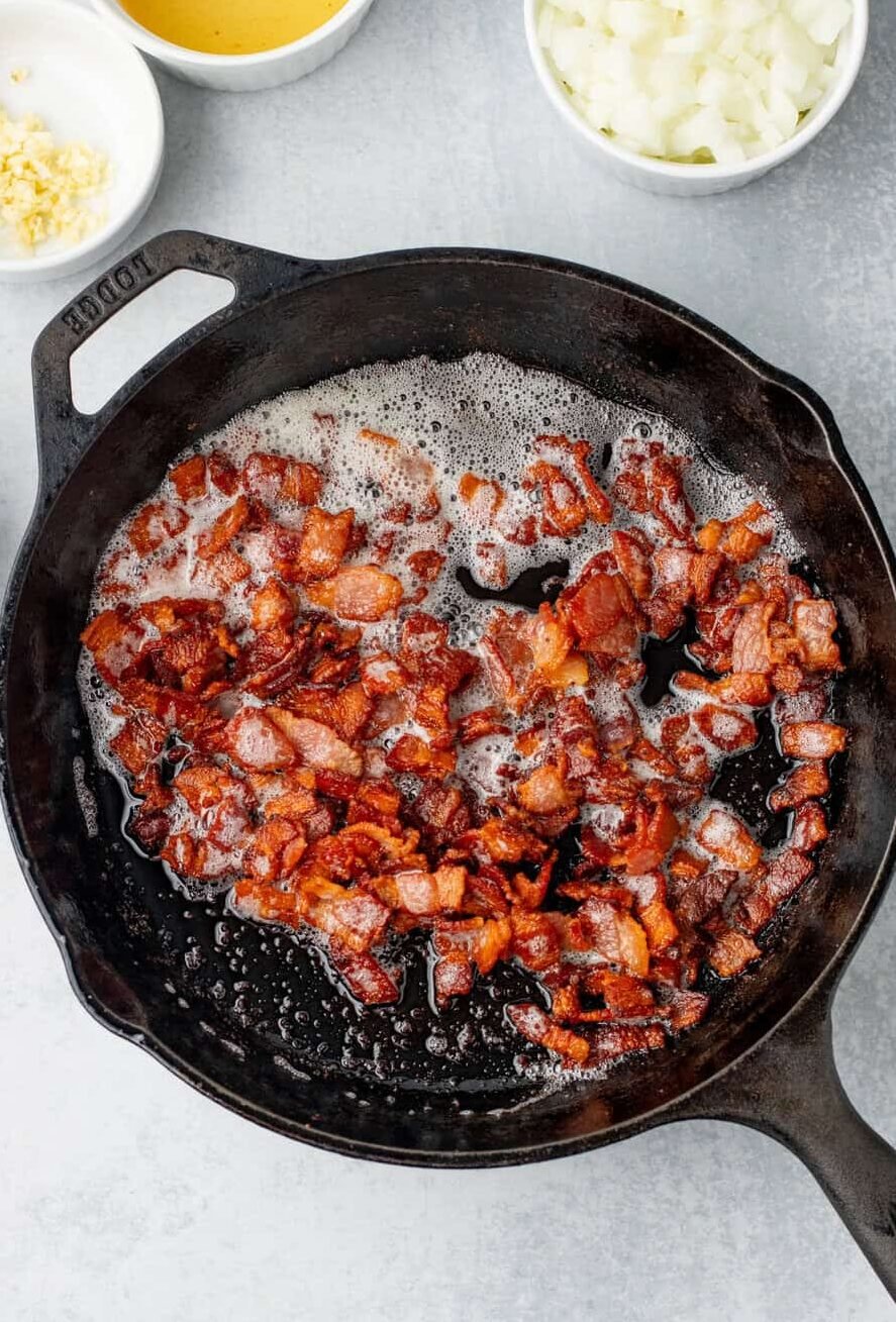 cooked crispy bacon in a skillet