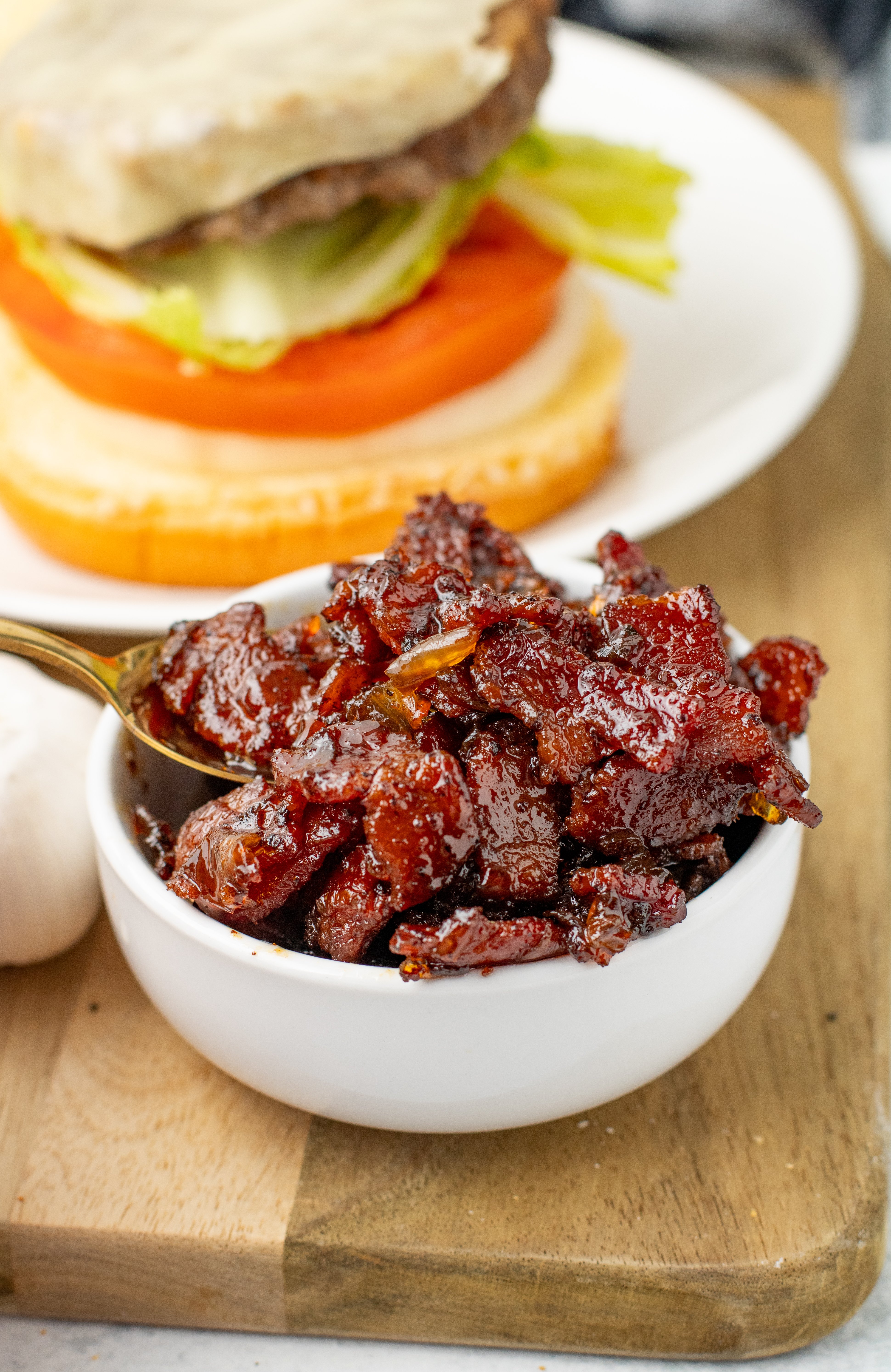 bacon jam next to a burger