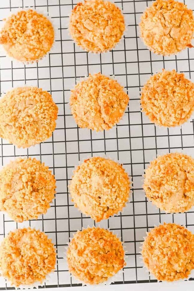 baked apple crumble muffins on a wire rack