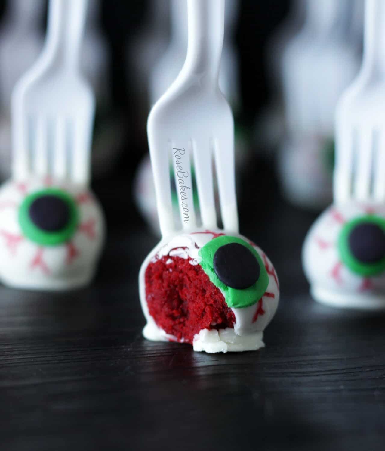 eyeballs on a fork halloween cake pops