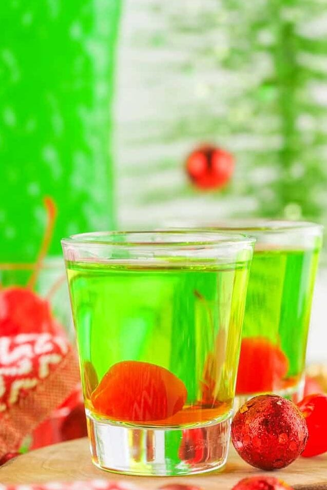 grinch shots with maraschino cherries