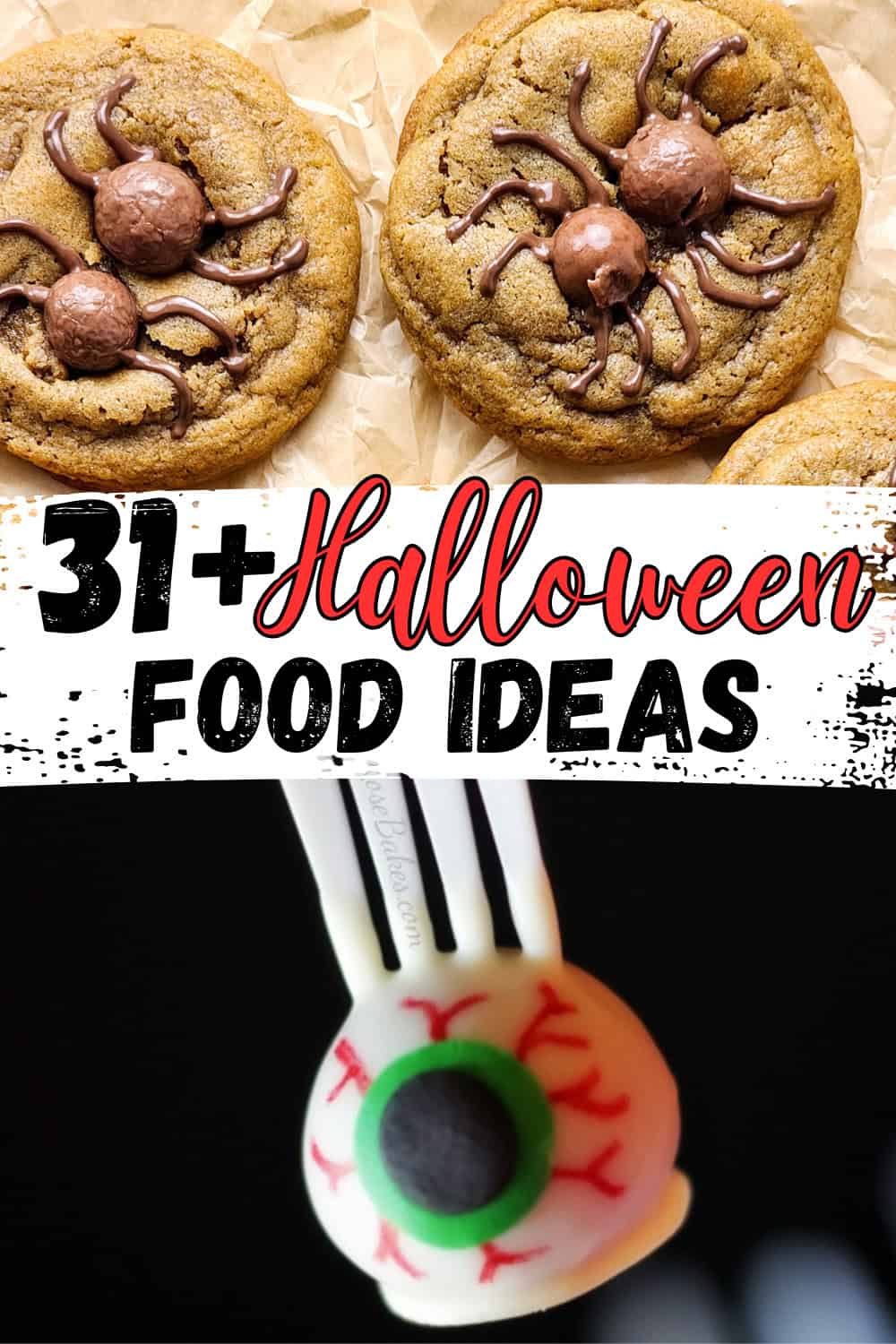 Chocolate spider cookies decorated with pretzel legs and chocolate eyeballs, perfect for Halloween treats and spooky party desserts.