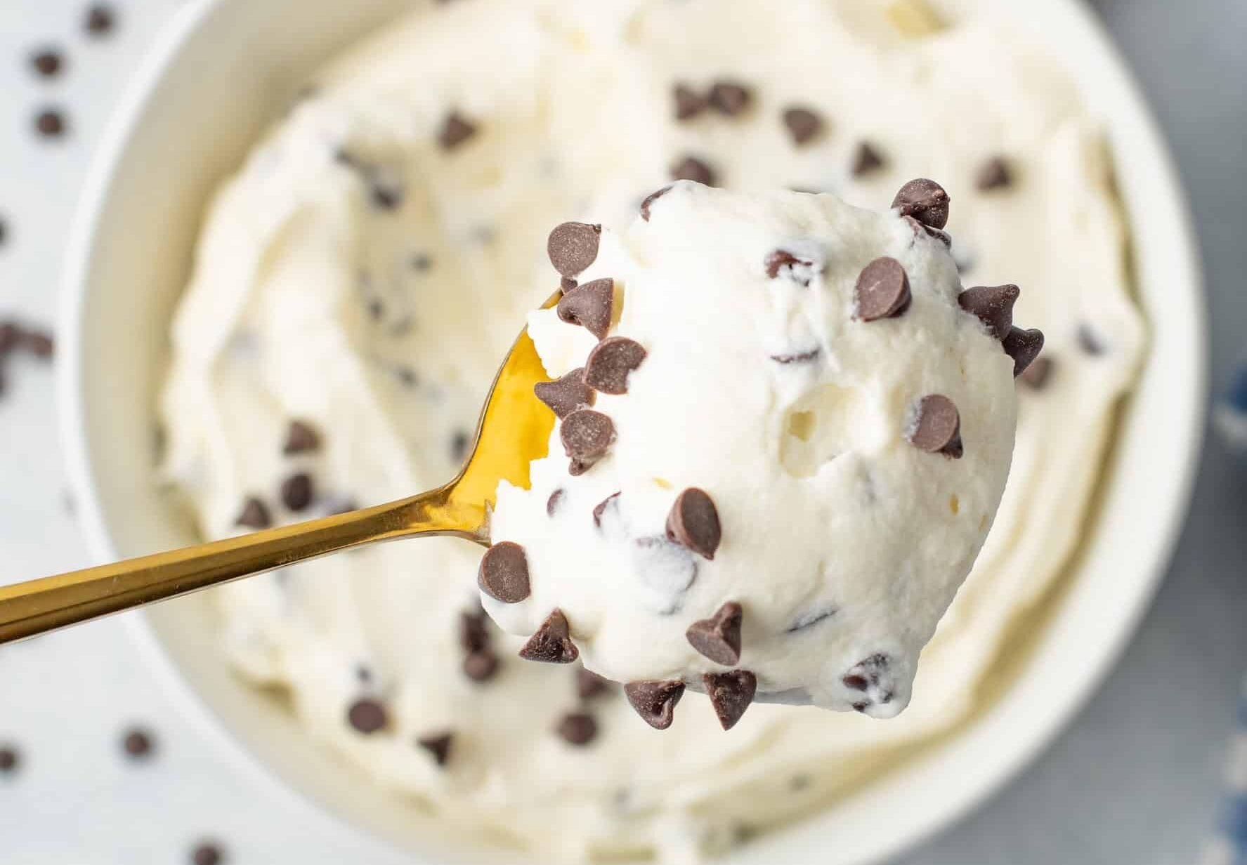 chocolate chip cheesecake dip in a white bowl
