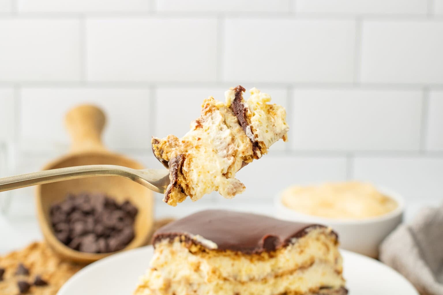a bite of eclair cake on a fork