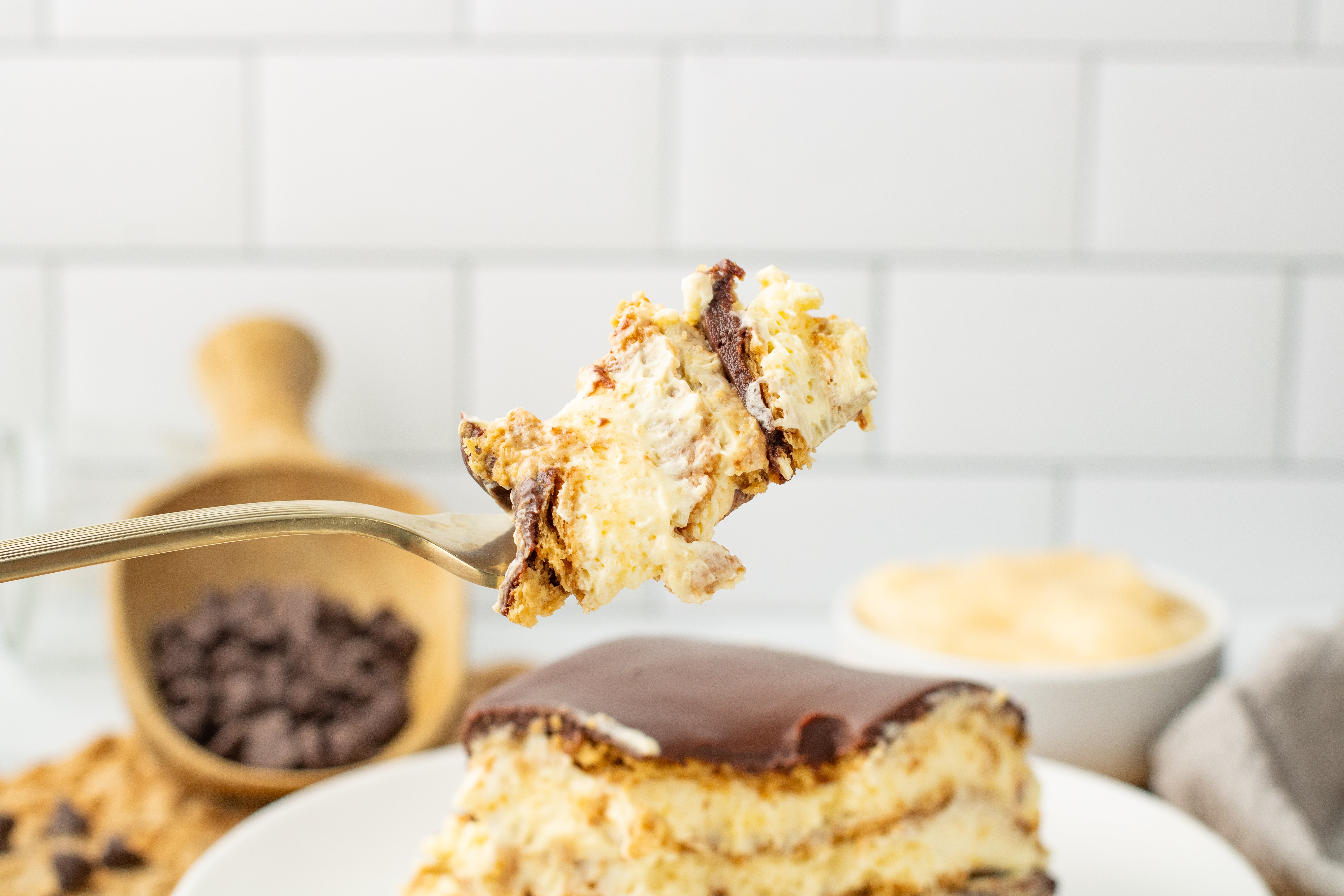 a bite of eclair cake on a fork