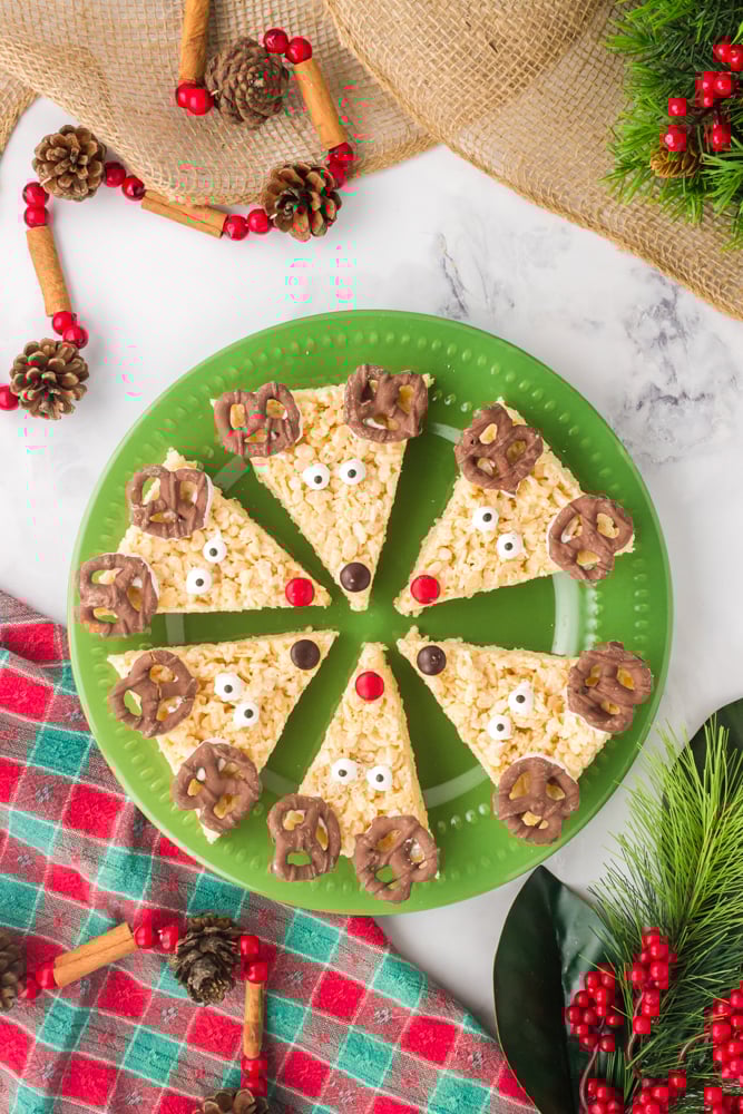 reindeer rice krispie treats in a circle on a green plate