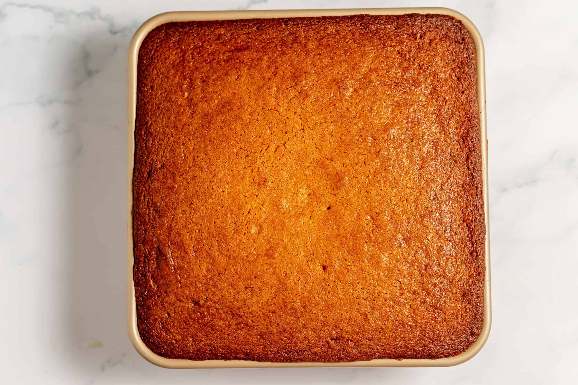 baked pecan upside down cake still in the cake pan