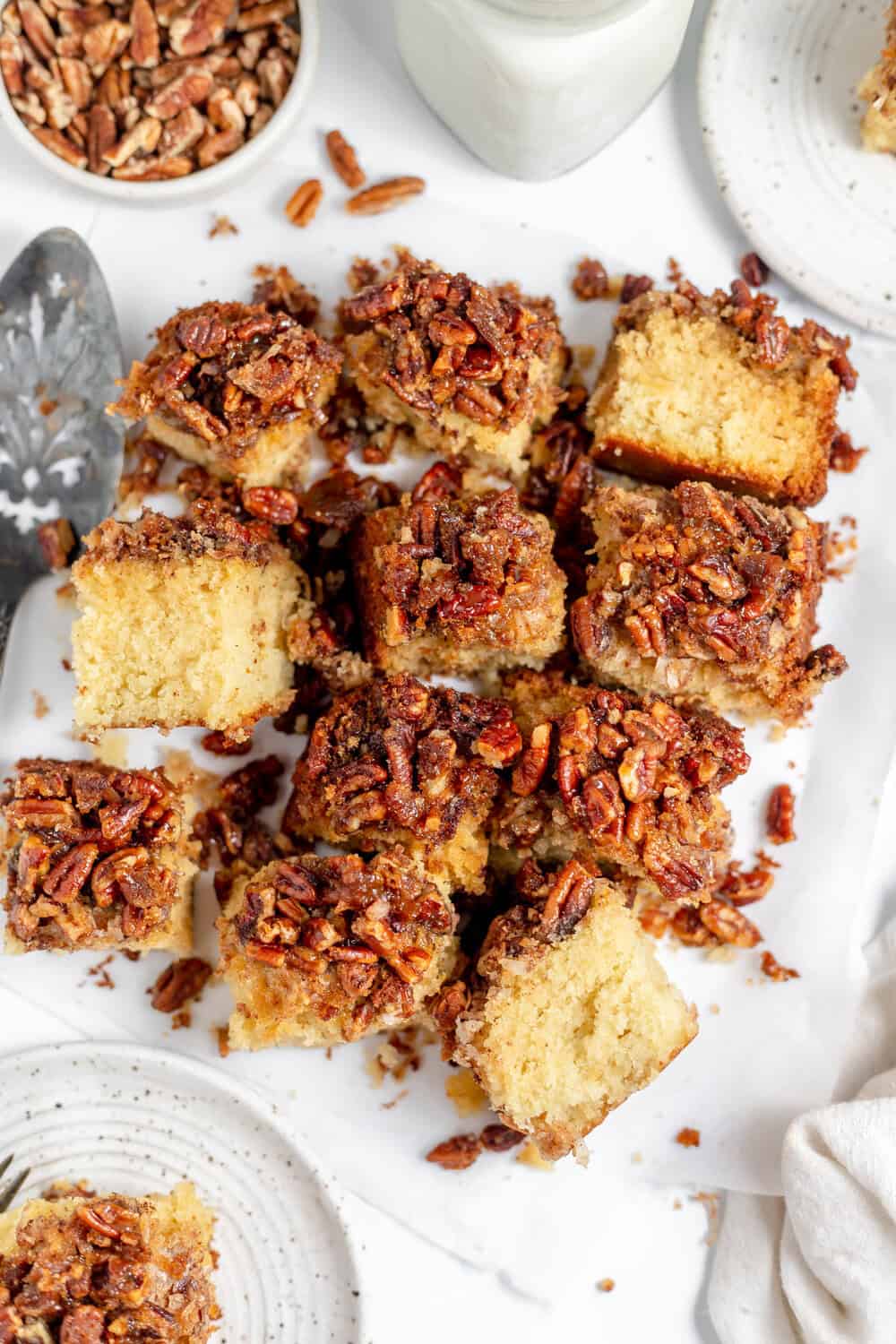 pecan upside down cake cut into squares