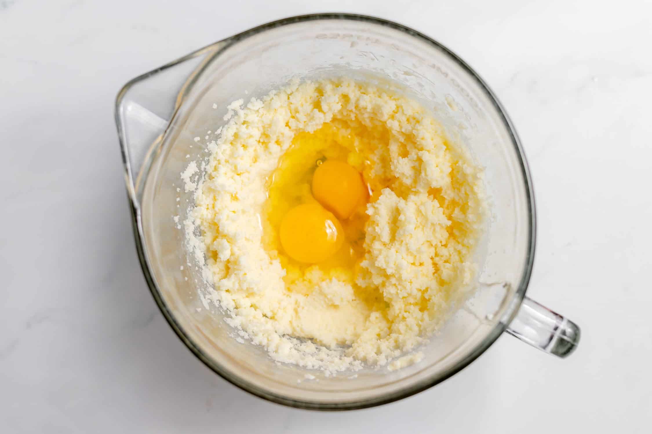 eggs added to butter and sugar mixture