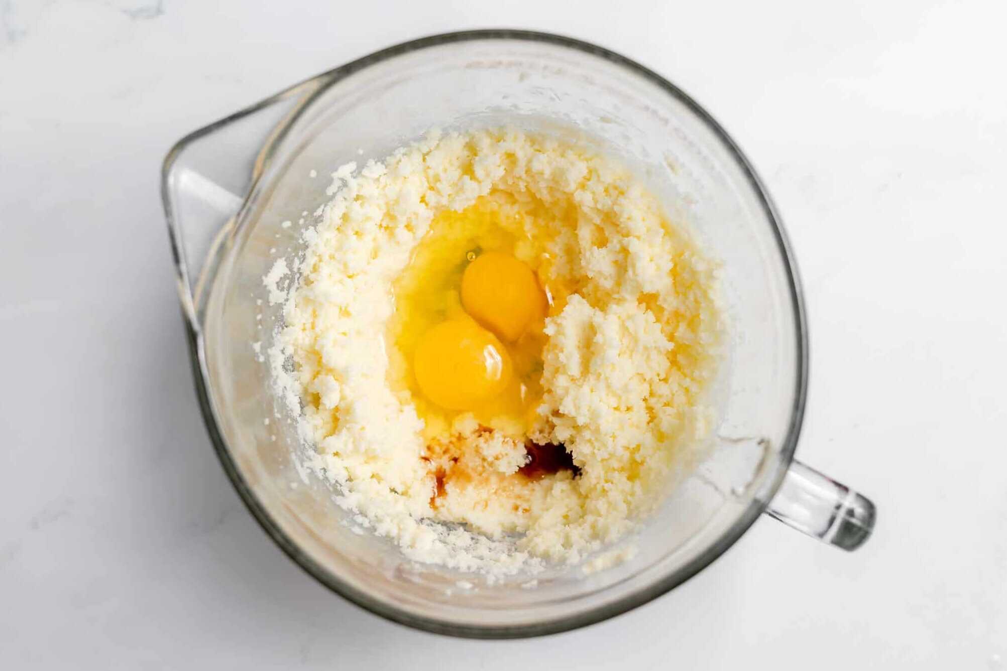 vanilla added to butter, eggs and sugar