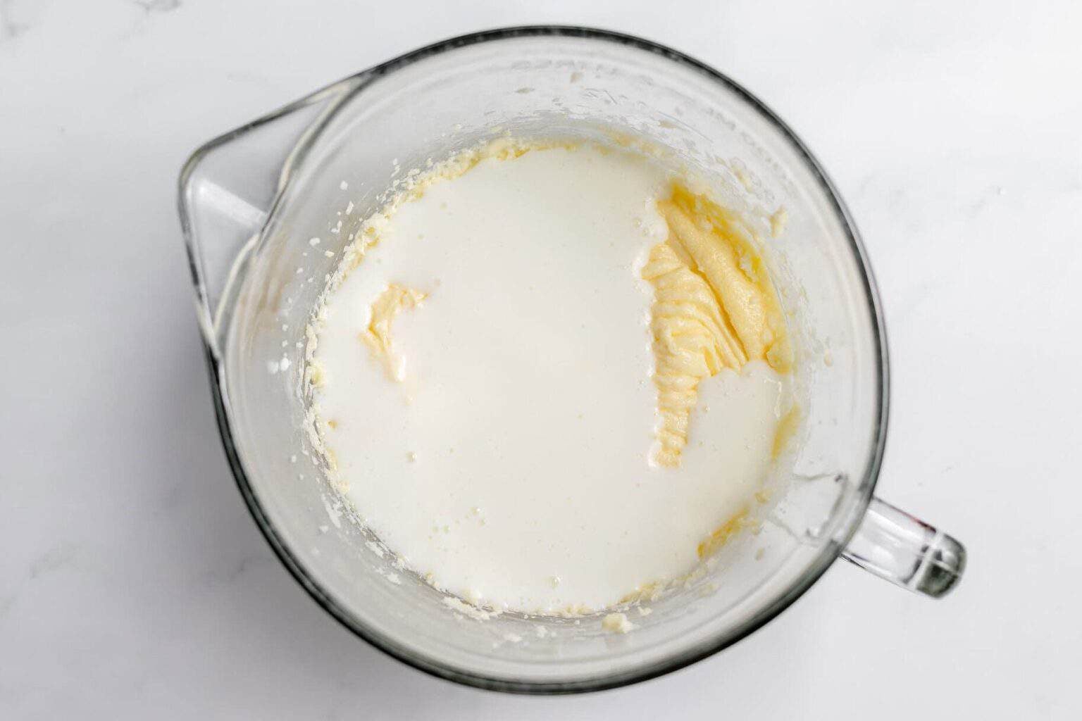 buttermilk poured over butter mixture