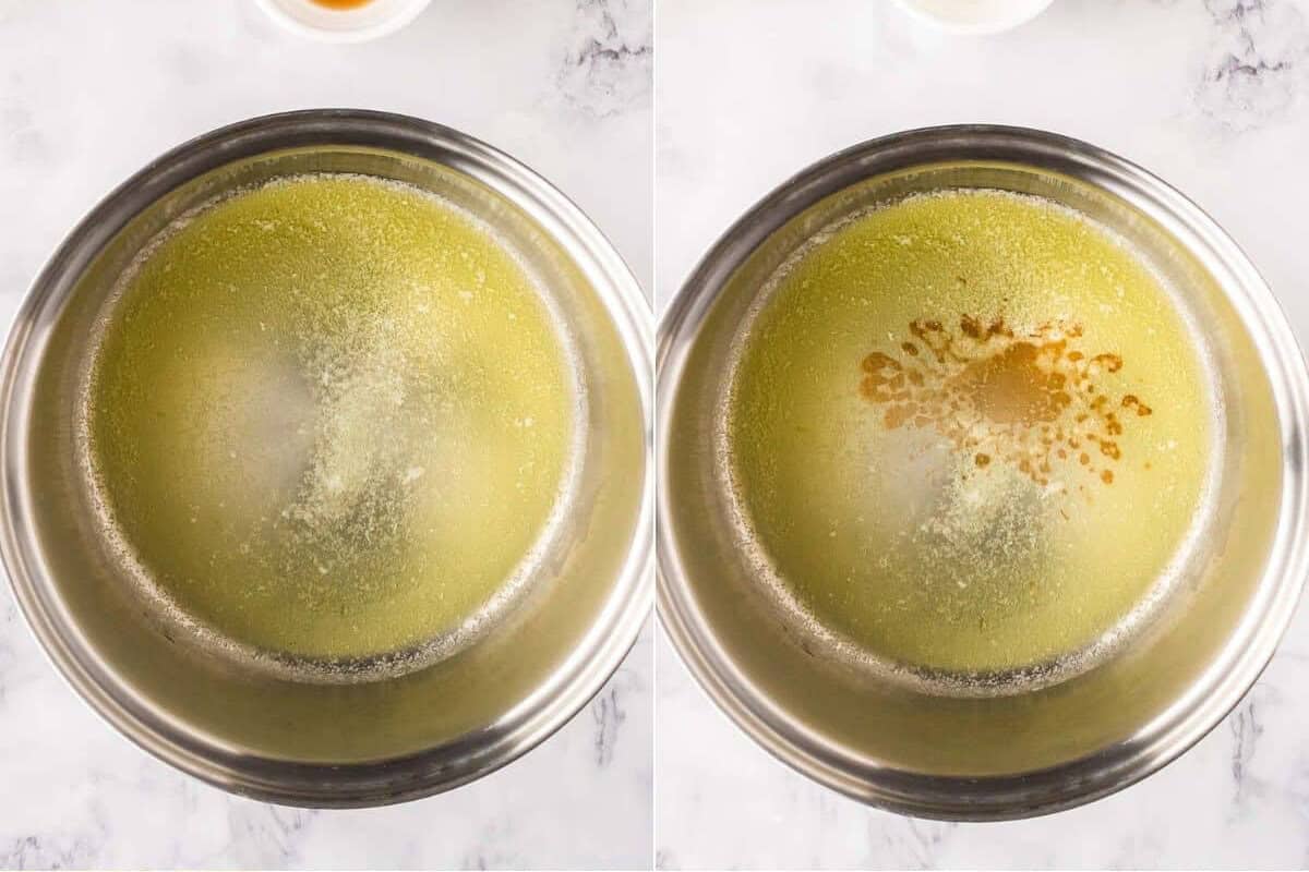 melting butter in a saucepan and adding vanilla to the pan