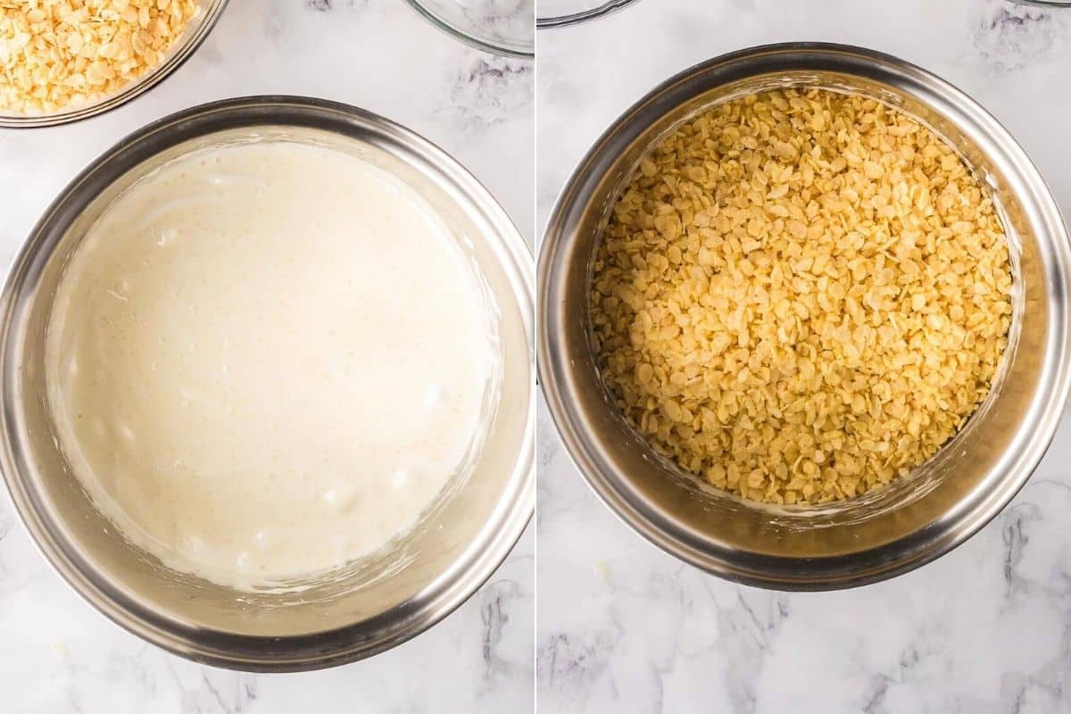 melting marshmallows in the pan with butter, then a photo with rice cereal added to the pan