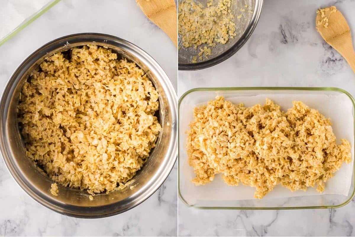 rice krispie treat mixture in a bowl, then a photo of the mixture in a 9x13 sprayed with butter spray and lined with parchment