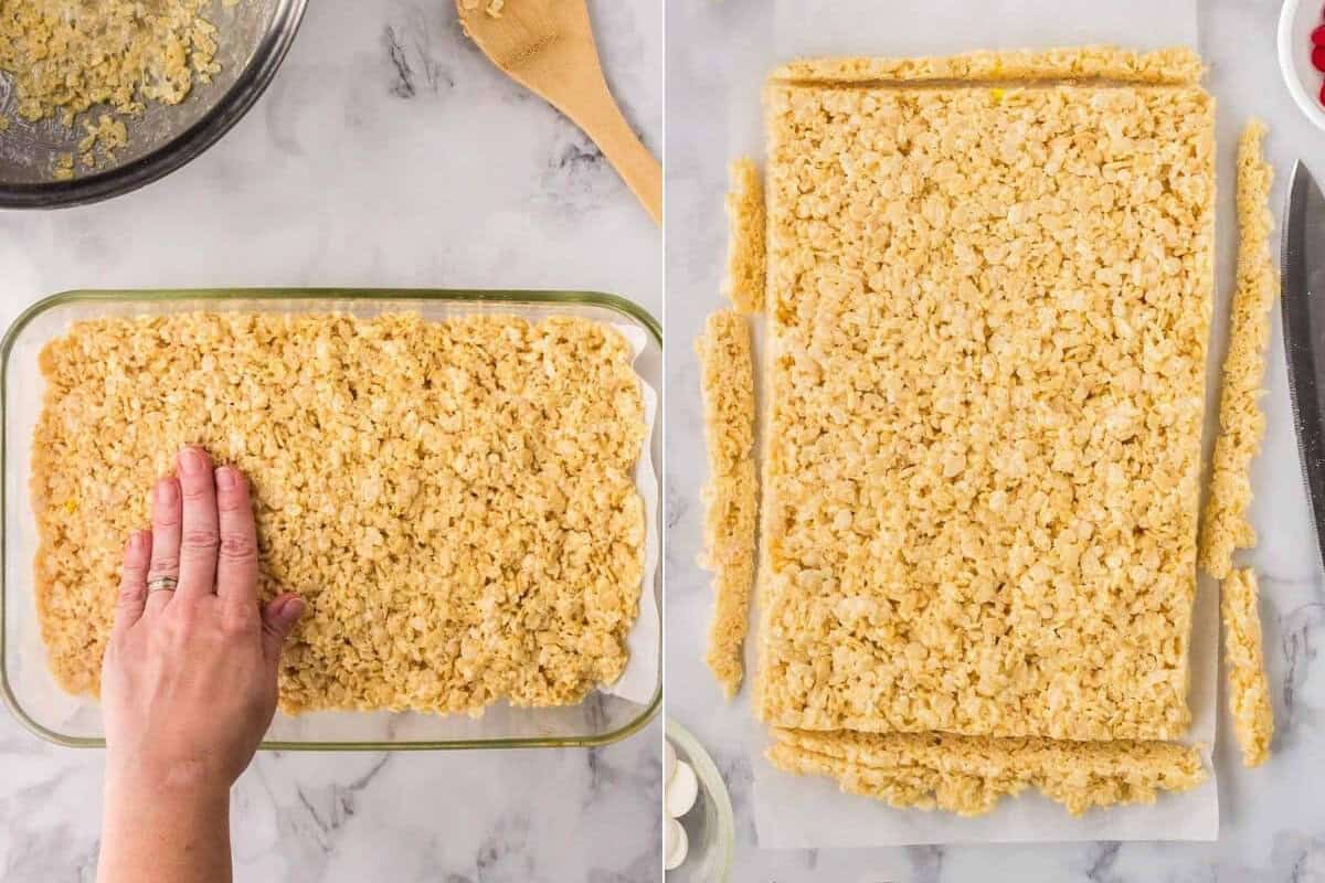 rice krispie treats pressed into a 9x13, then a photo of them flipped out with the edges cut off