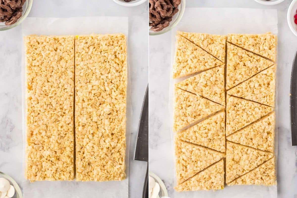 rice krispie treats cut into two rectangles + rice krispie treats cut into triangles