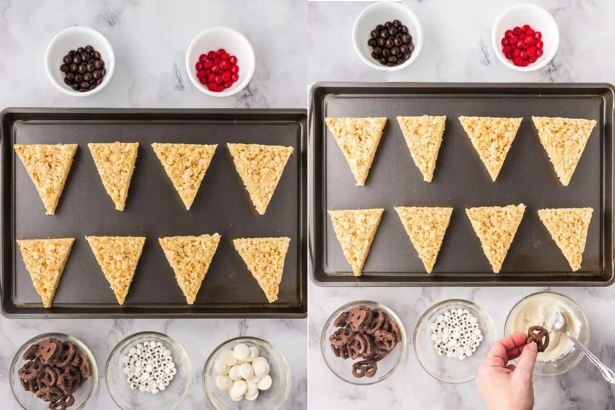 rice krispie treats cut into triancles placed on a cookie sheet, then mini chocolate-covered pretzel having white chocolate added to the back to "glue" onto rice krispie treats