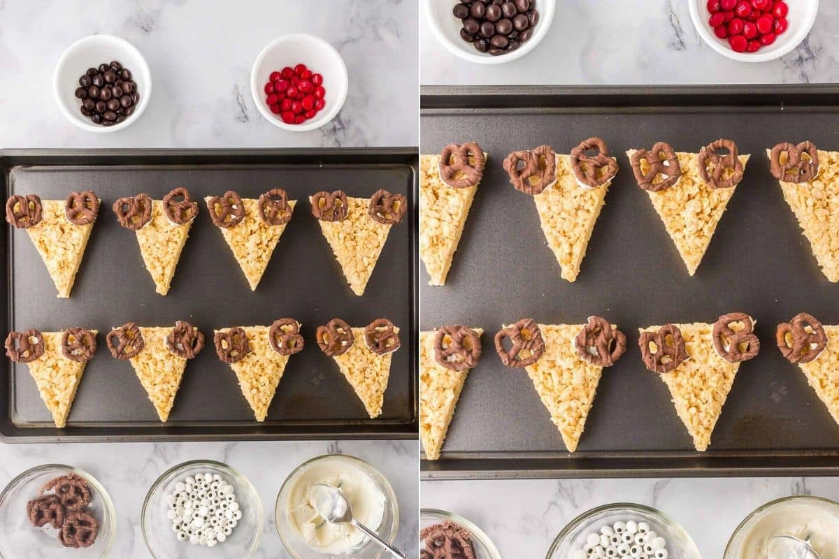 chocolate covered pretzels on the triangle rice krispie treats for reindeer antlers