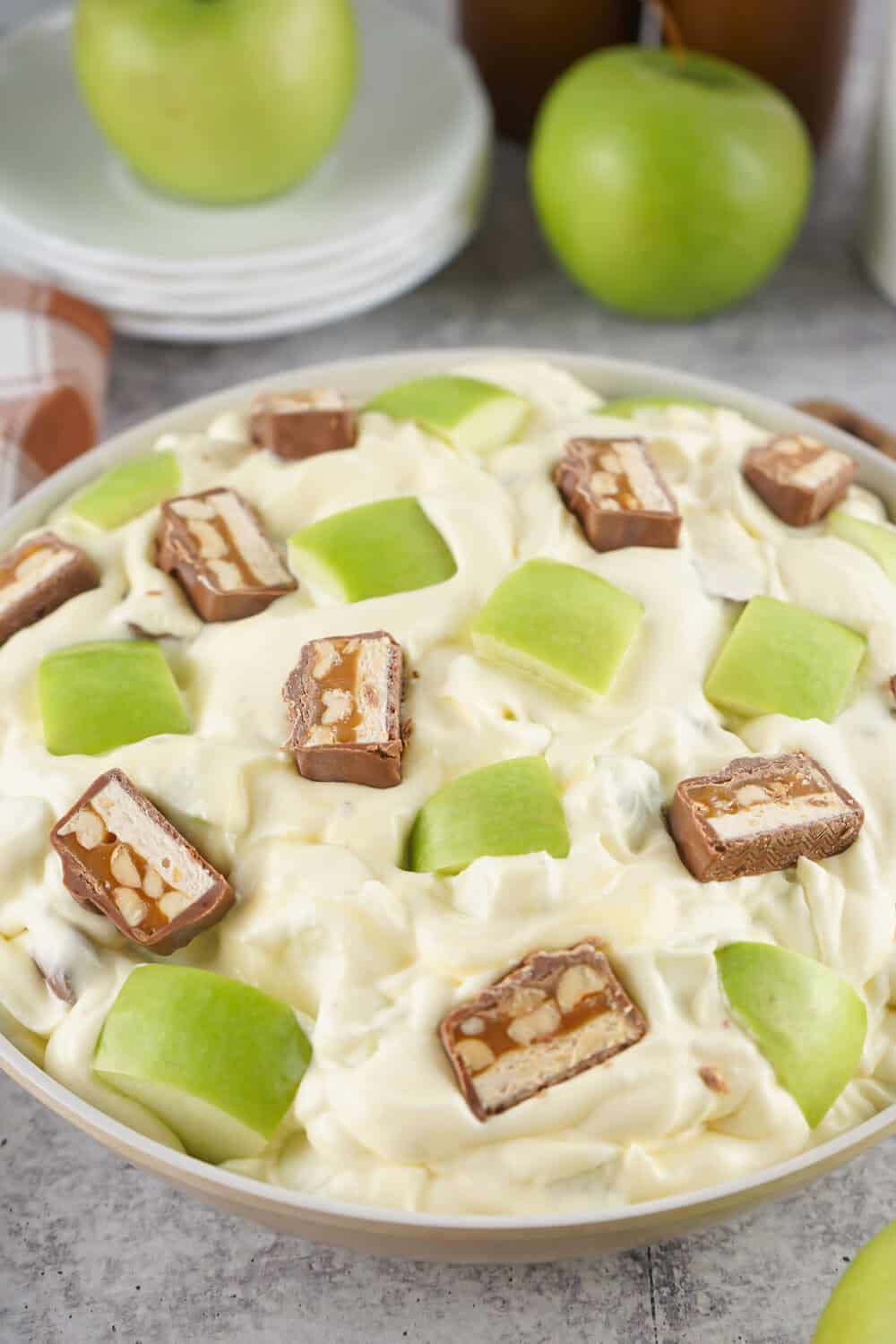 apples and snickers added to the top for garnish