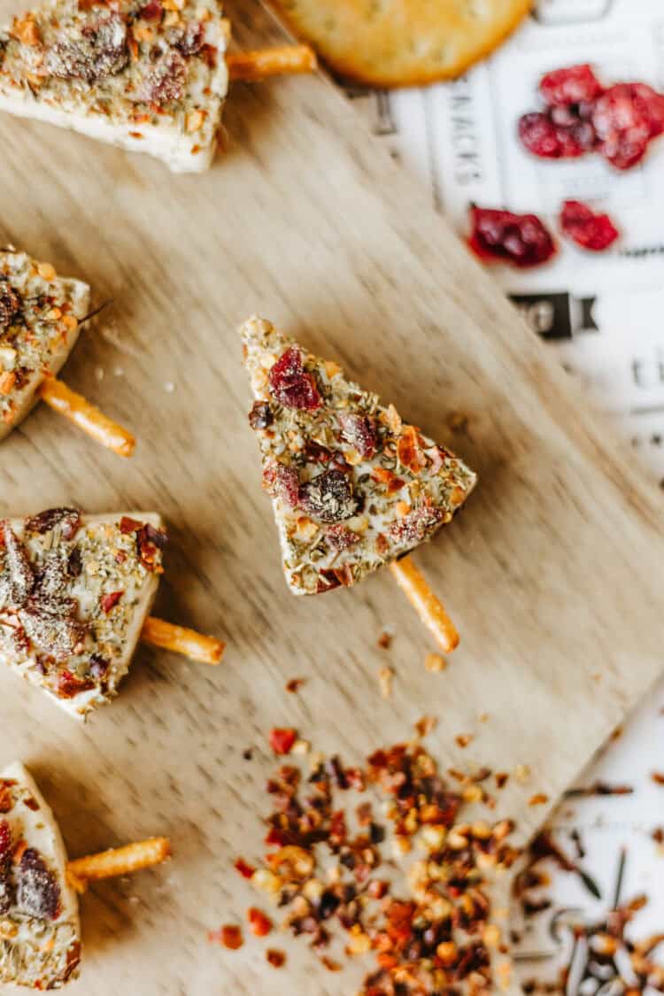 christmas tree appetizer made with laughing cow cheese wedges